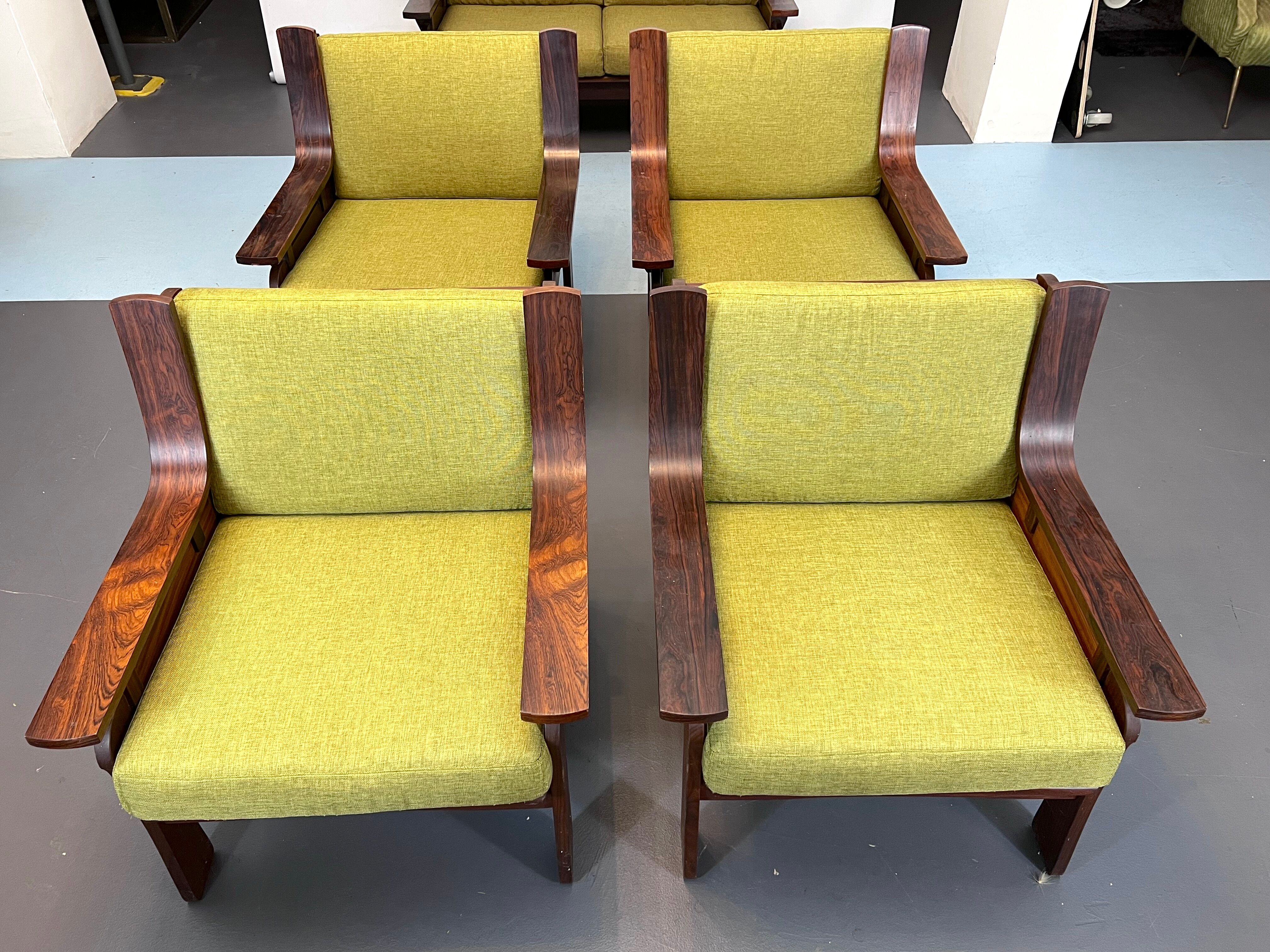 Set of four armchairs and a sofa in wood and green fabric, Italy 1960s
