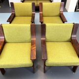 Set of four armchairs and a sofa in wood and green fabric, Italy 1960s