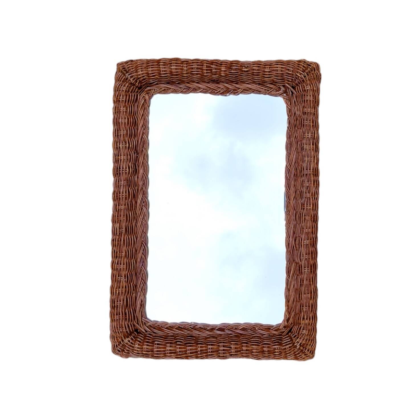 Vintage rectangular woven rattan wall mirror