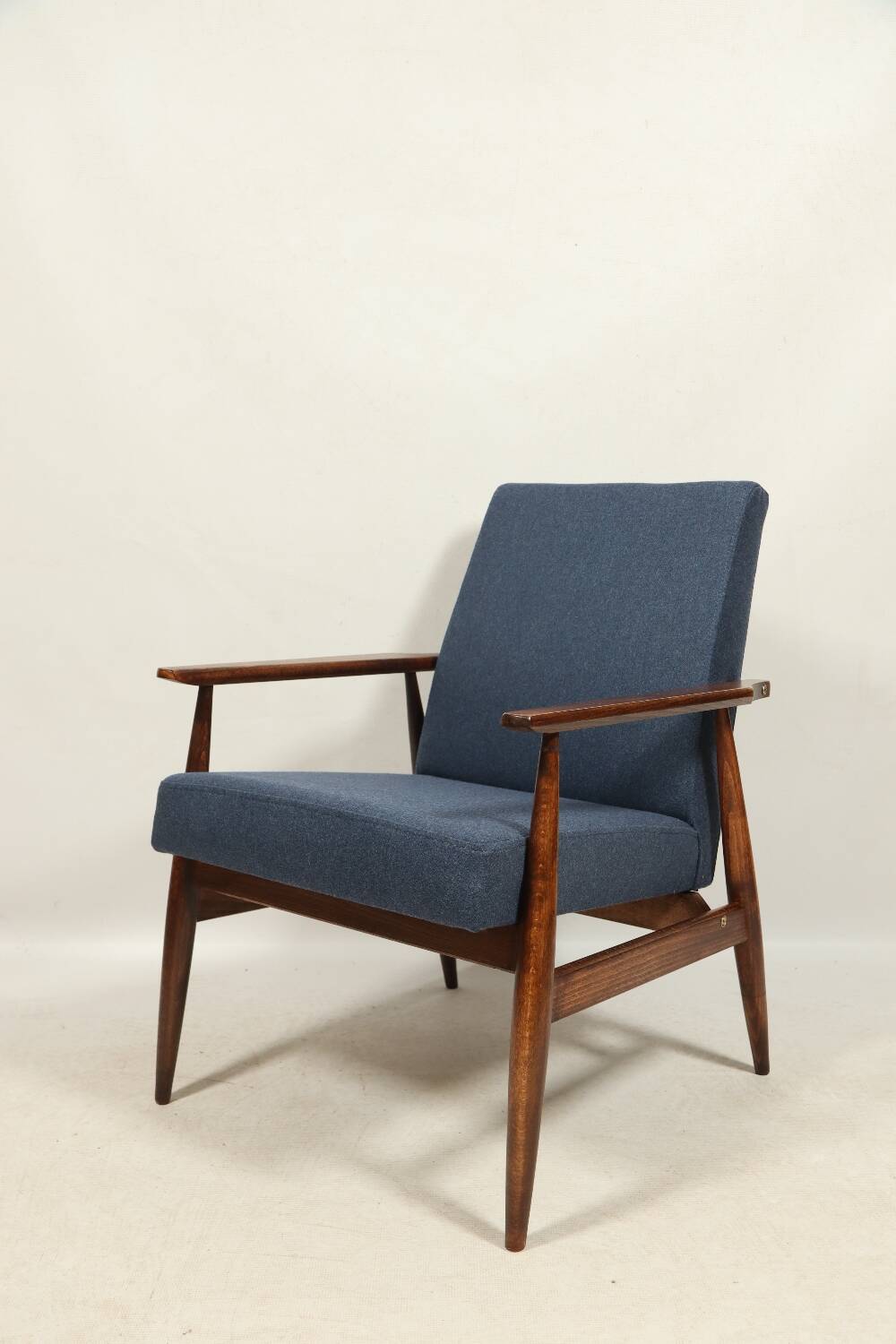 Scandinavian armchair navy blue natural wool dark brown wood design by H.Lis