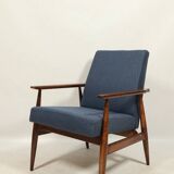 Scandinavian armchair navy blue natural wool dark brown wood design by H.Lis