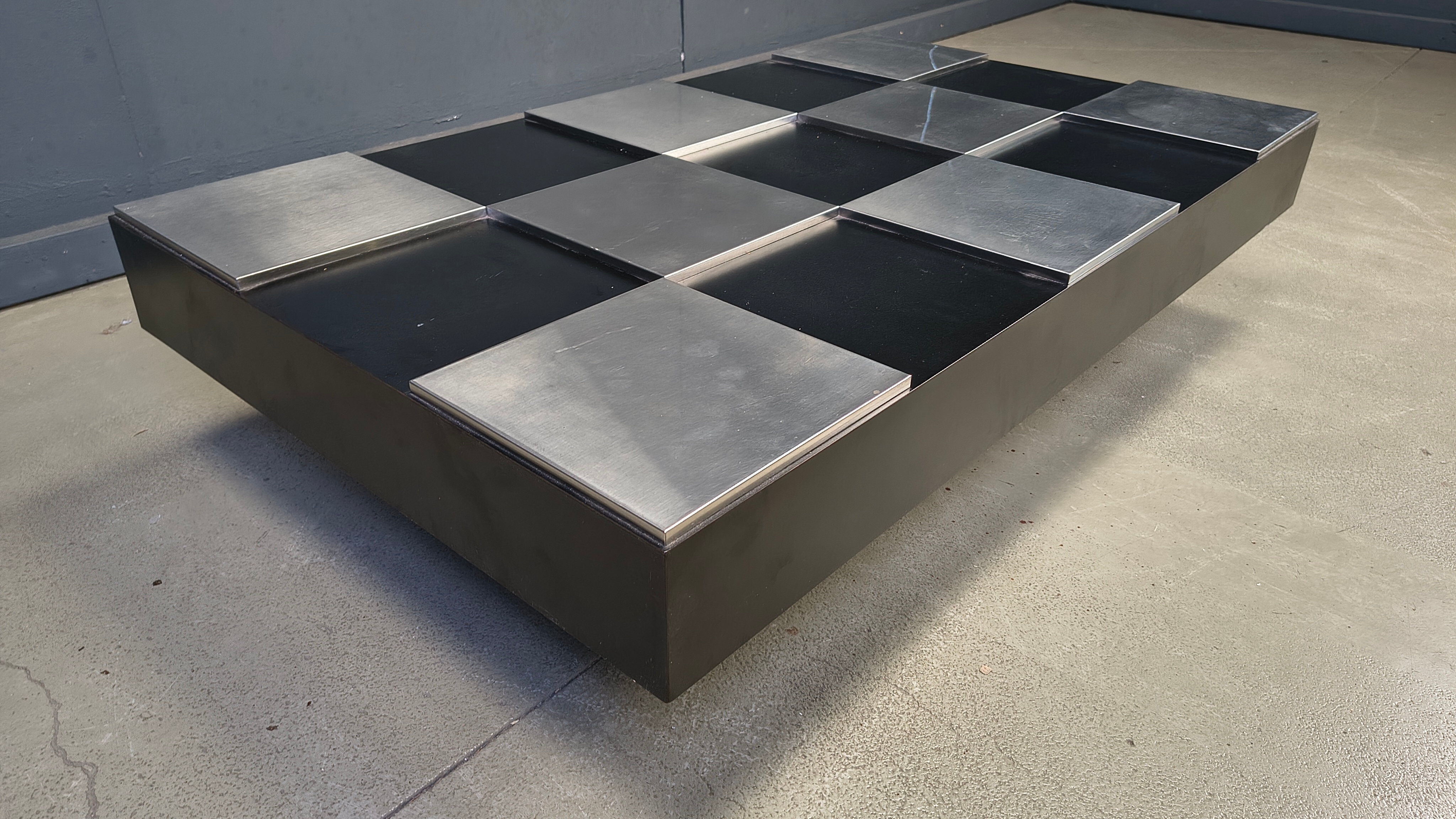 Vintage lacquer and aluminum checkerboard coffee table, 1970s