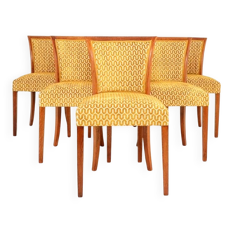Set of 6 vintage dining chairs in Art Deco geometric jacquard.