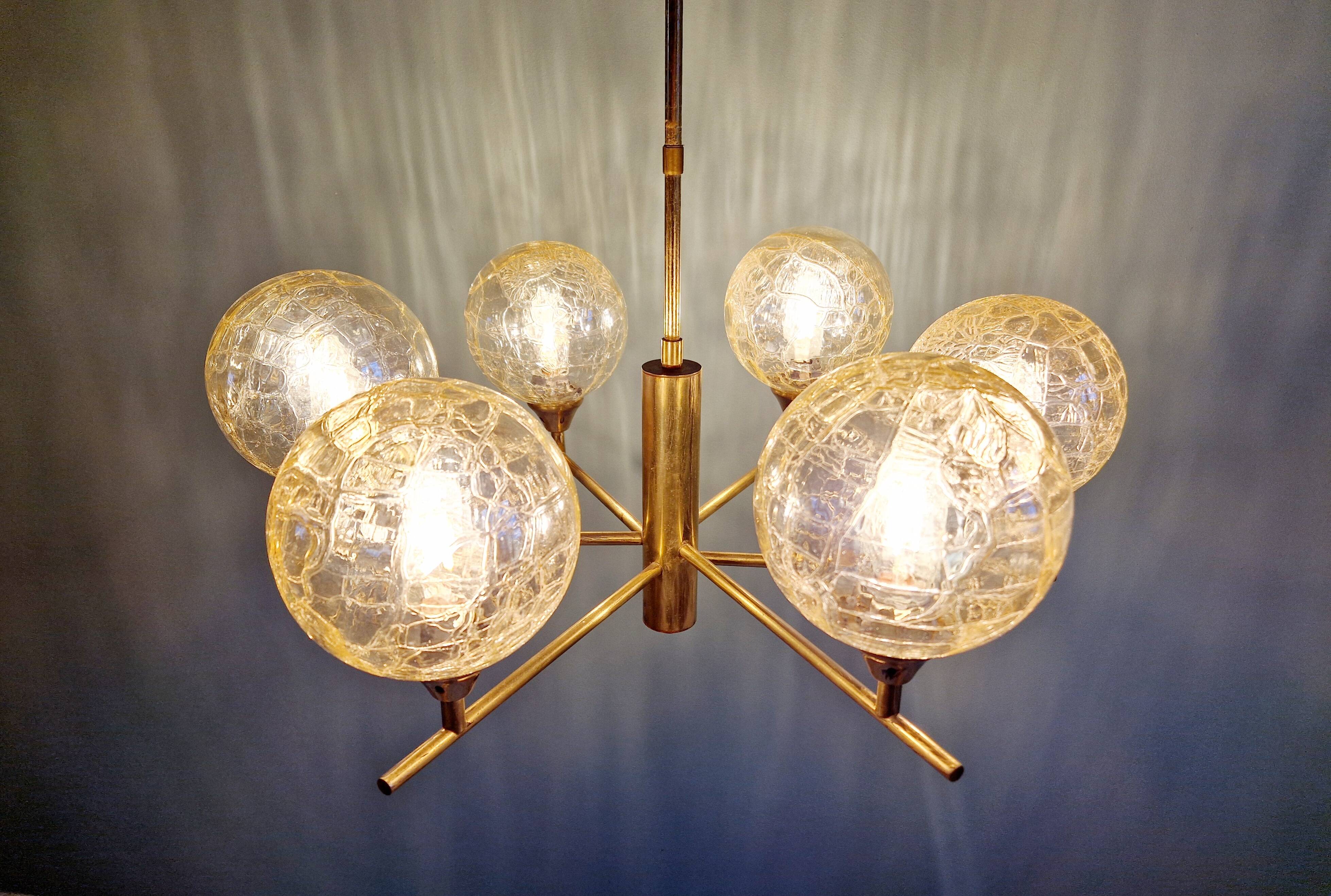 Brass chandelier with amber cracked glass globes, 1950s-60s