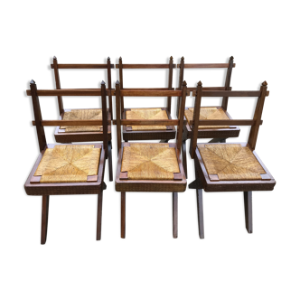 Suite de 6 chaises en bois et paillage 1940/1950