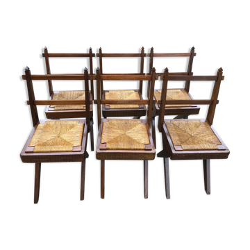 Suite de 6 chaises en bois et paillage 1940/1950