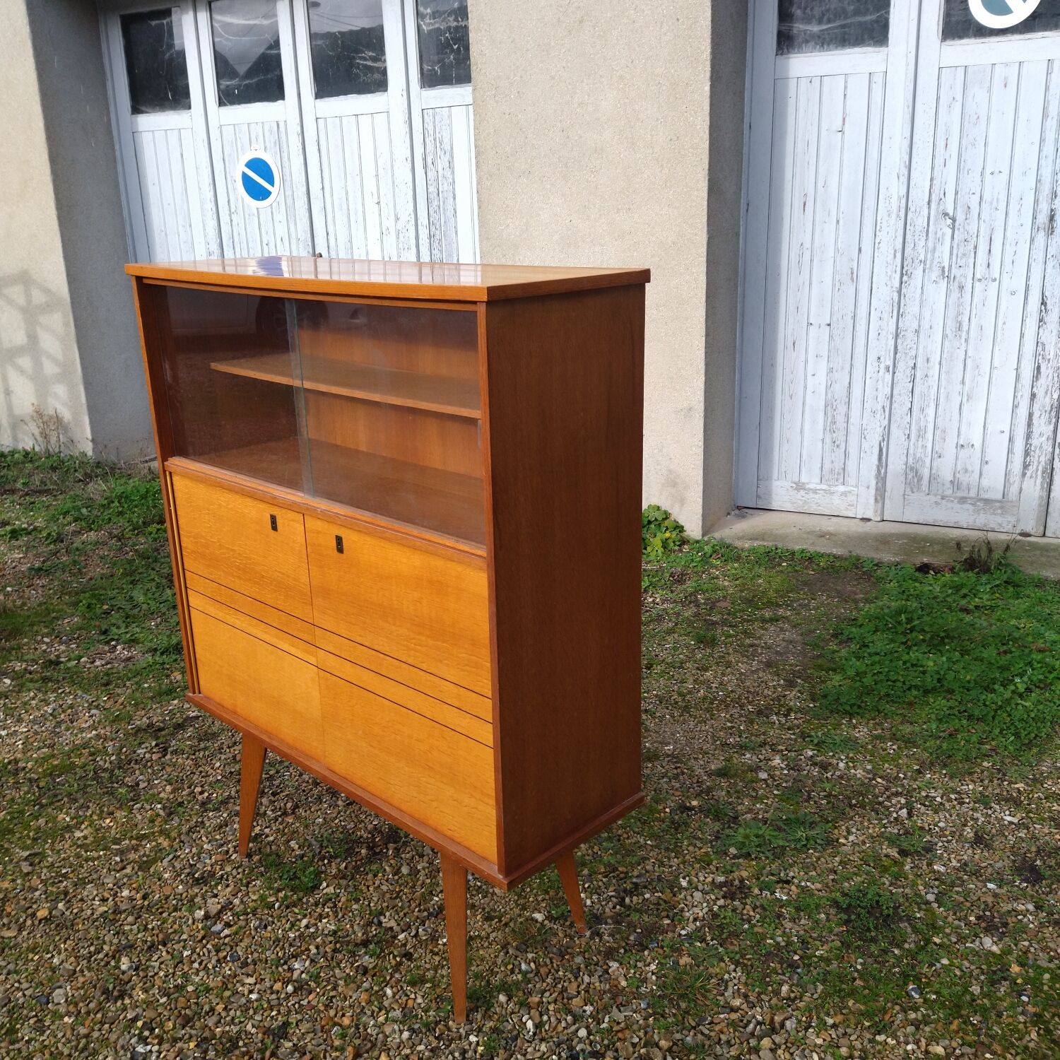 Glass bar veneered wood 50s compass