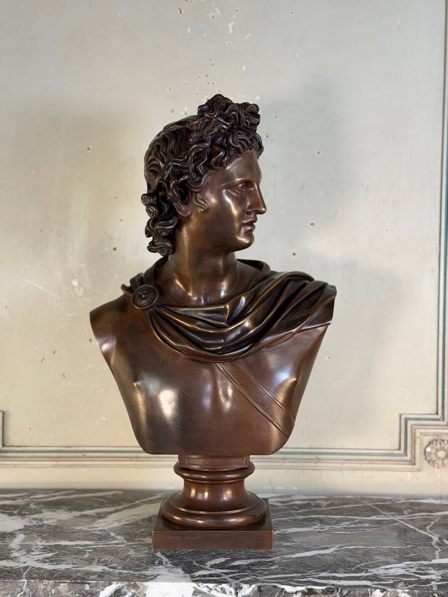 Bronze patina bust medal, Apollo of the Belvedere, bronzier Luppens, 19th century
