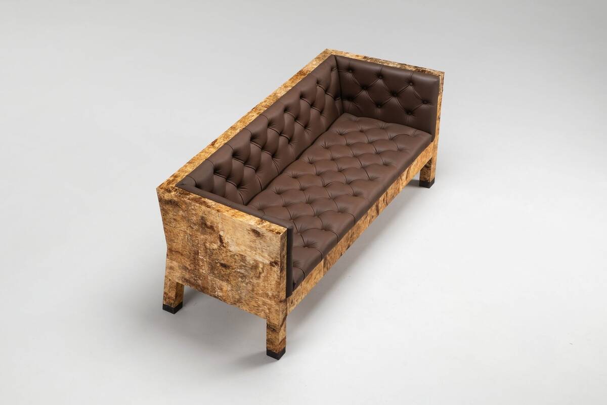Werner Neumann sculptural birchwood sofa in birch bark and leather, The Netherlands