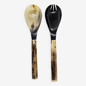 Serving cutlery set in buffalo horn and smooth bone handle