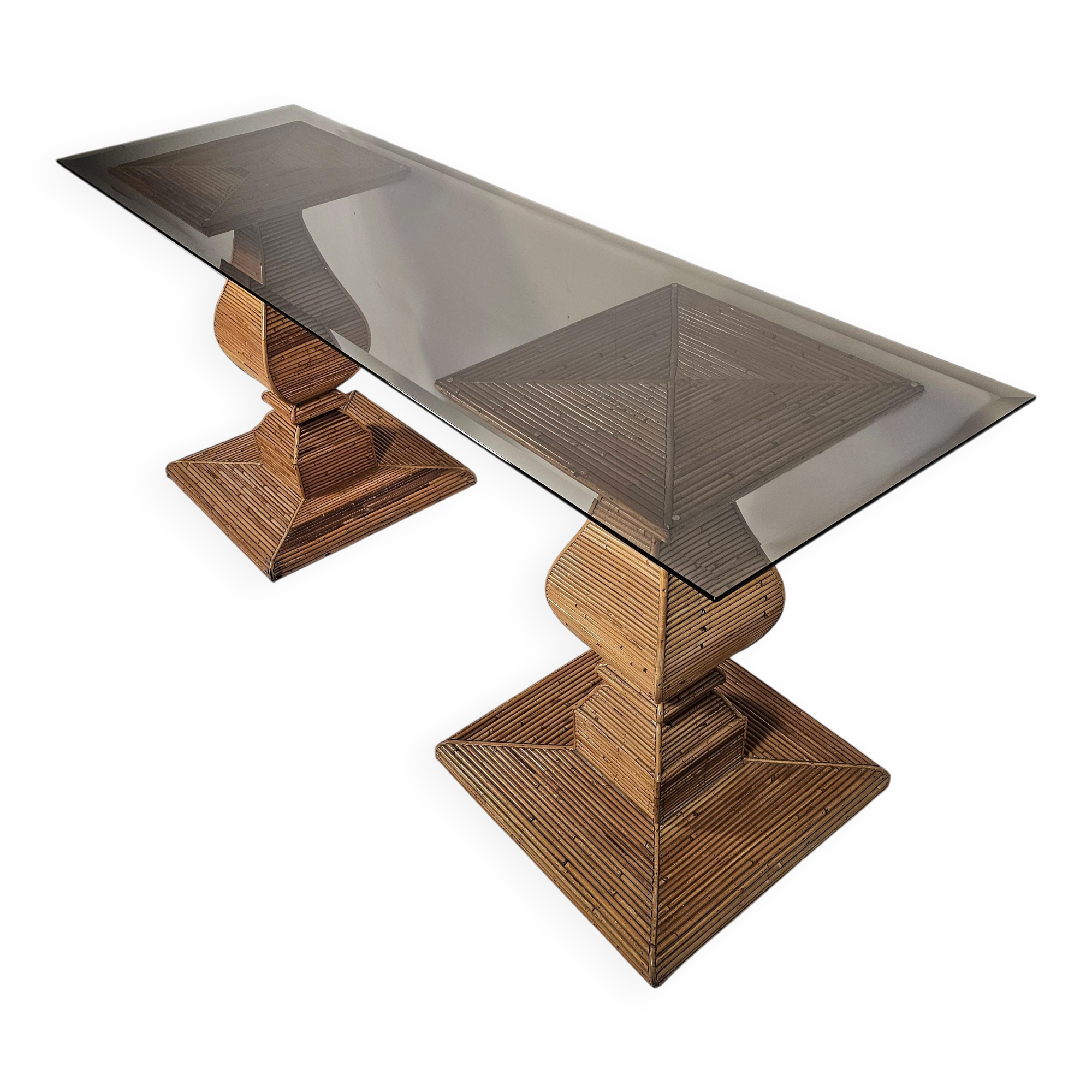 Console table in reed and glass, Italy, 1970.