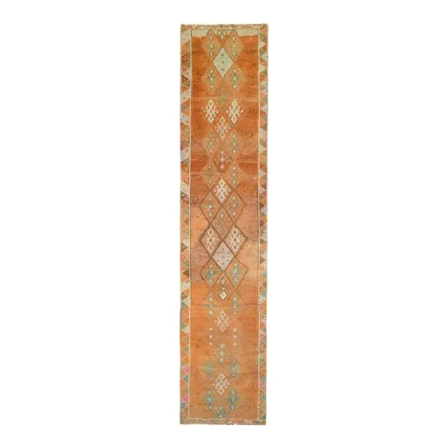 Vintage Turkish hand-knotted wool cotton orange runner rug 83x388