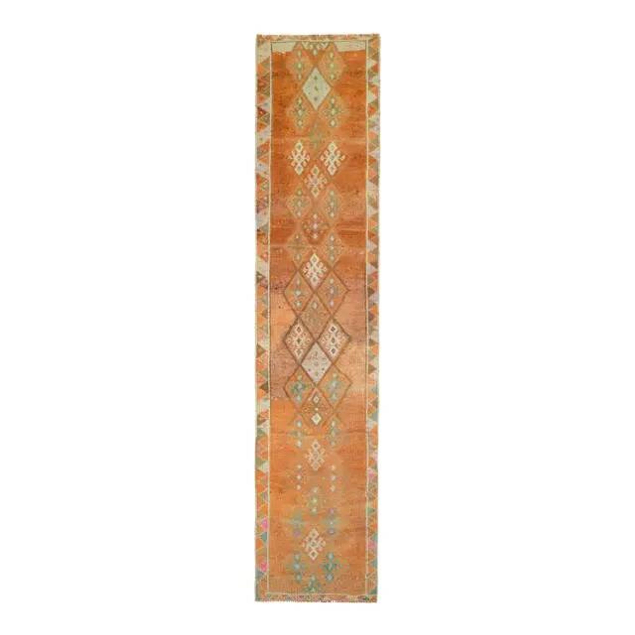 Tapis couloir vintage en laine et coton turc noué à la main orange 83x388