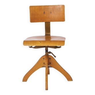 Vintage 1950s Industrial Chair – Adjustable German Factory Stool, Beech