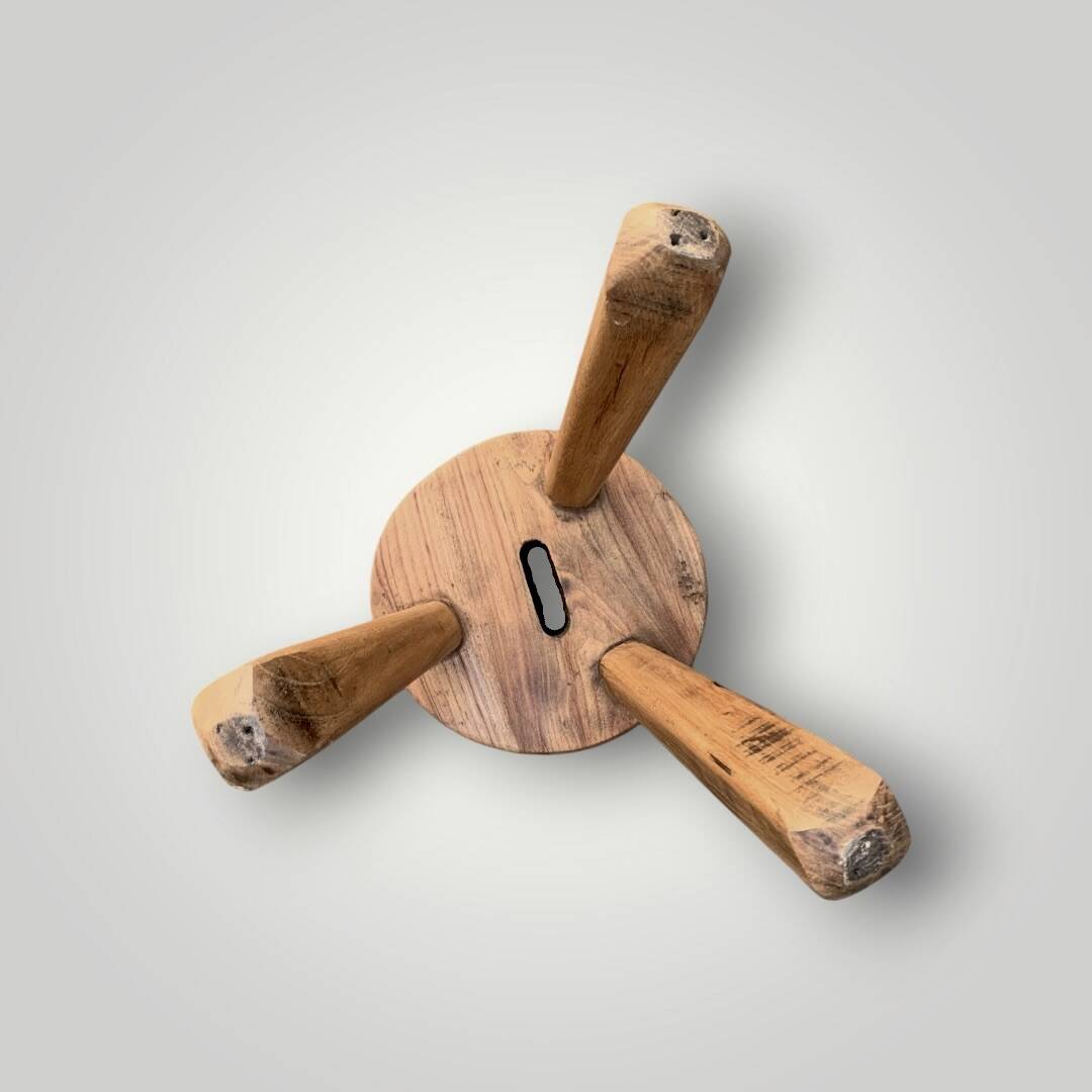 Antique brutalist tripod stool in solid wood