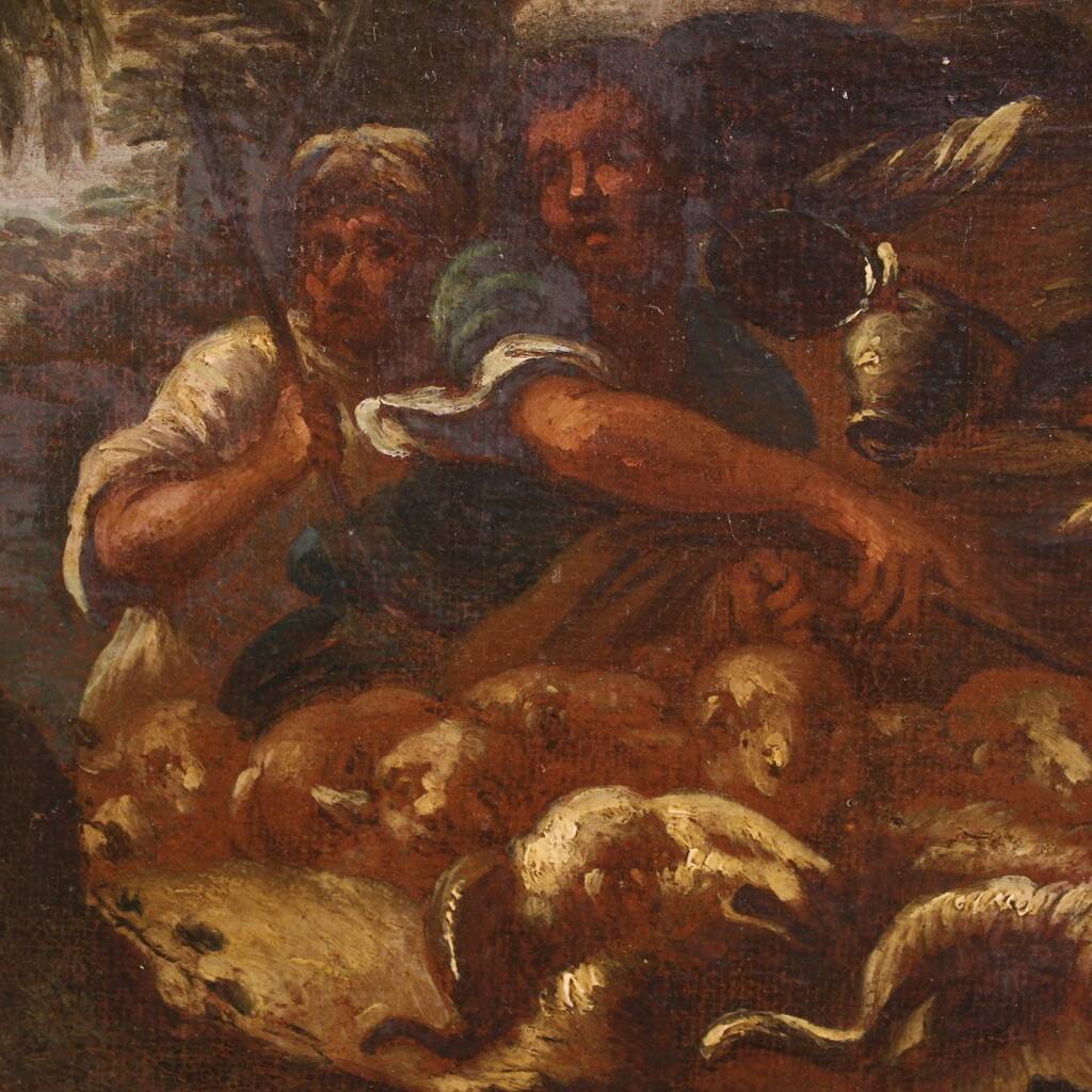 Peinture italienne antique du XVIIIe siècle, paysage avec scène pastorale