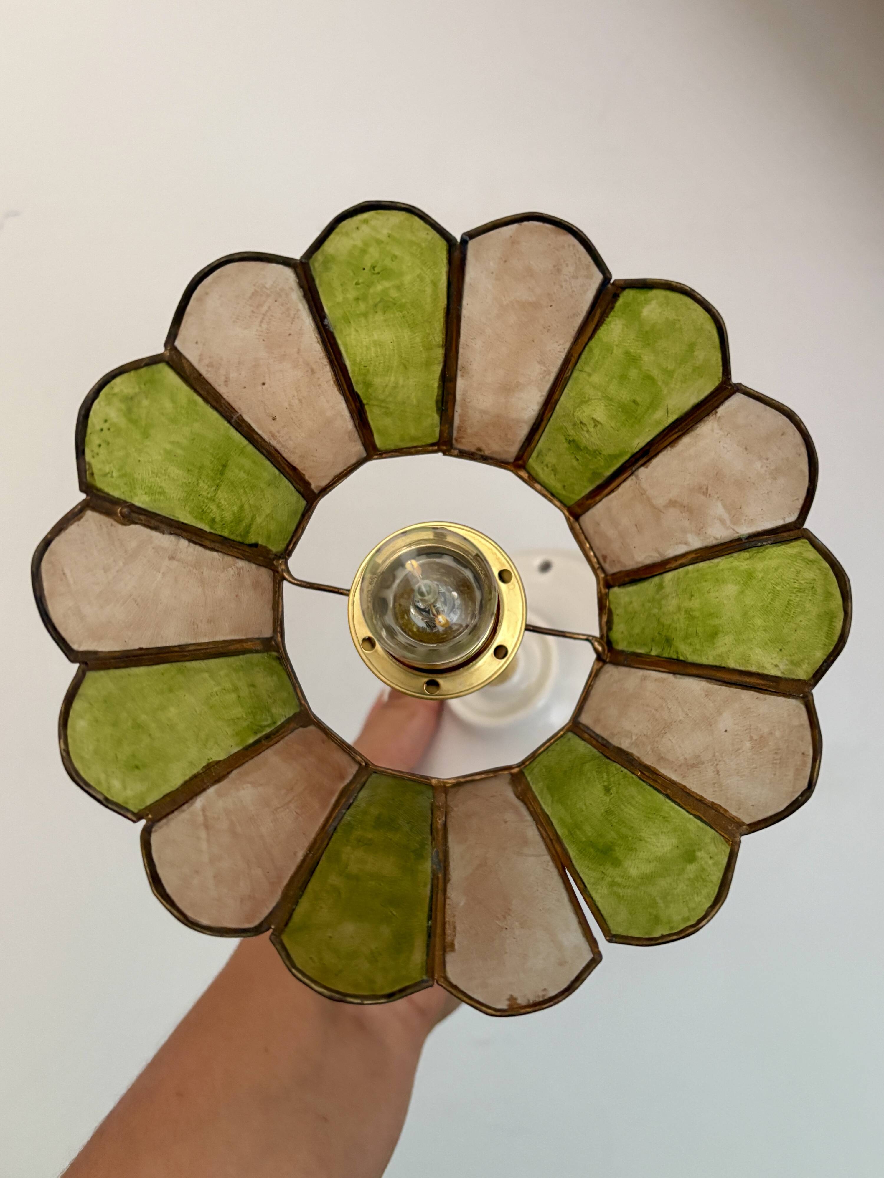 Vintage wall lamp with a green and pink mother-of-pearl lampshade