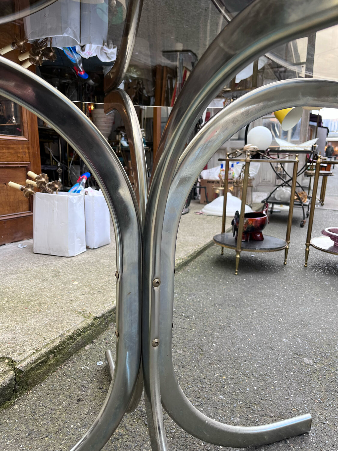 Dining table design 1970 chrome thick top smoked glass slab