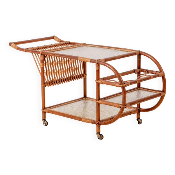 Chariot de bar en bambou et rotin, Danemark des années 1950