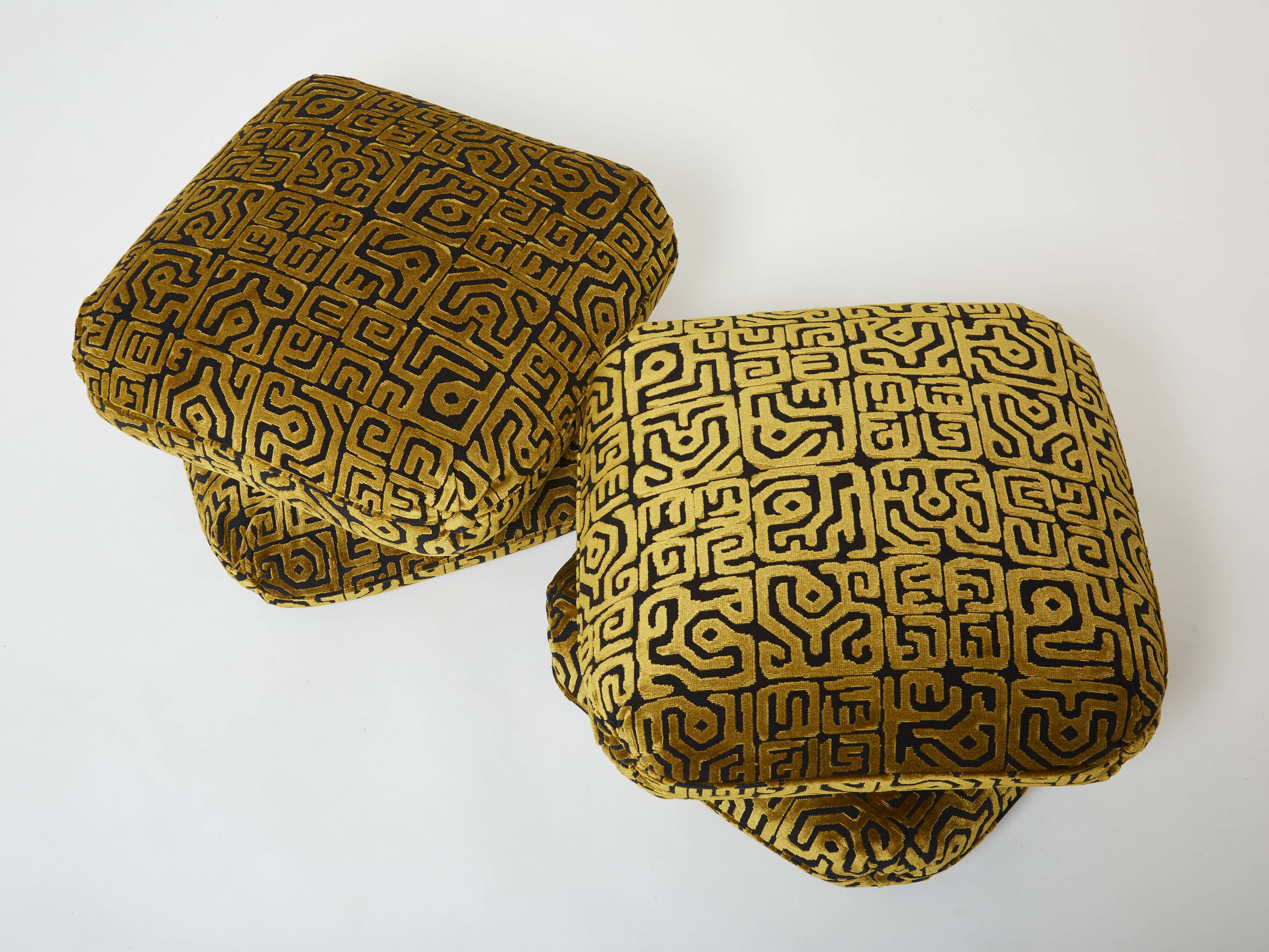 Pair of poufs velvet motifs 1970