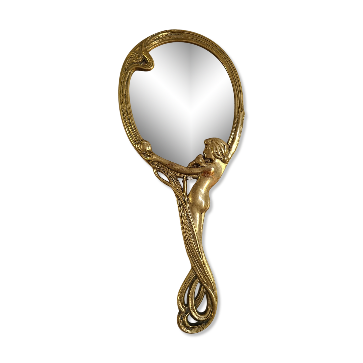 Old bronze mirror by hand, art deco woman's nude
