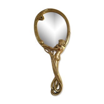 Old bronze mirror by hand, art deco woman's nude