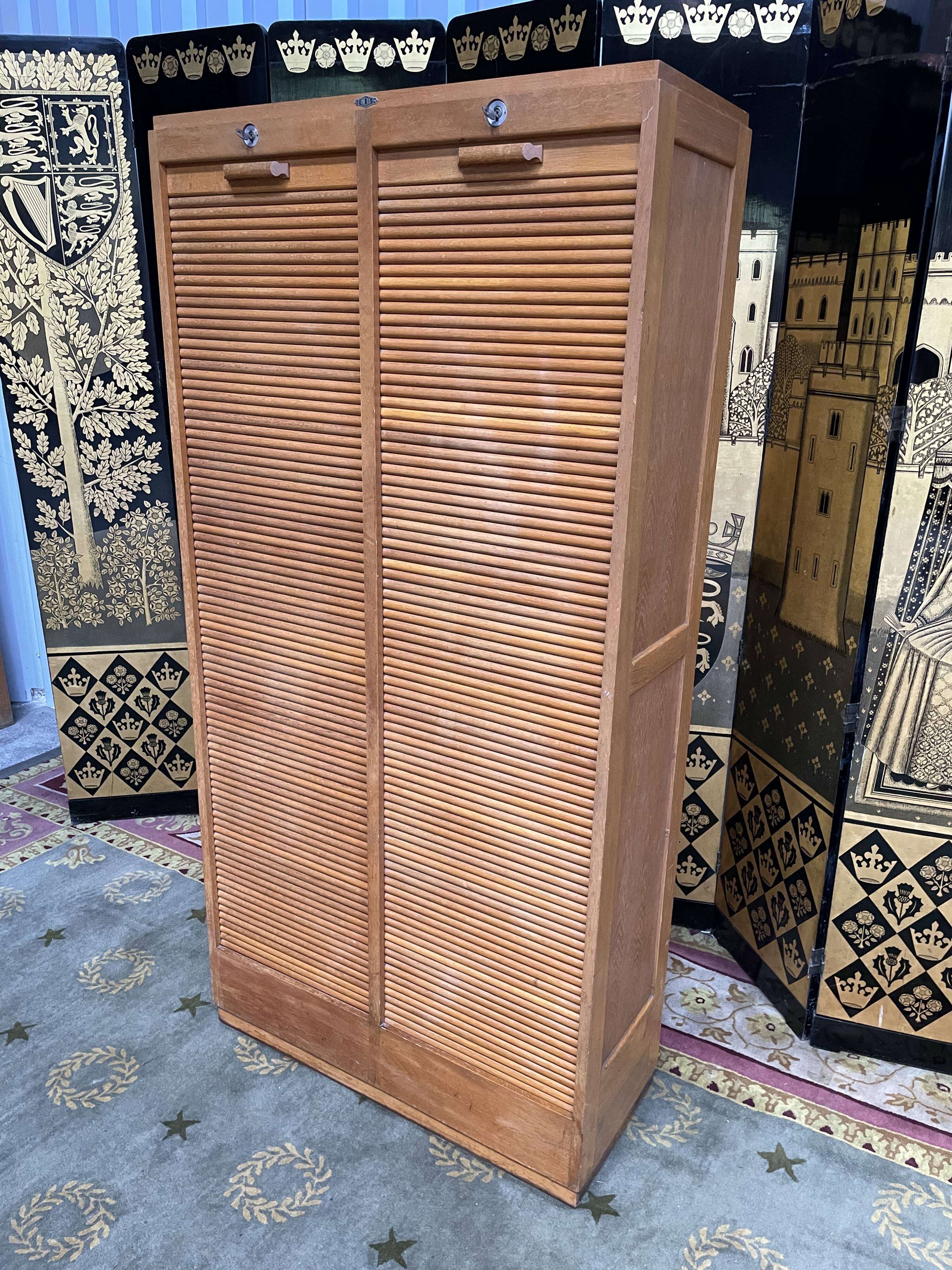 Double filing cabinet with notary curtains in solid oak 1960