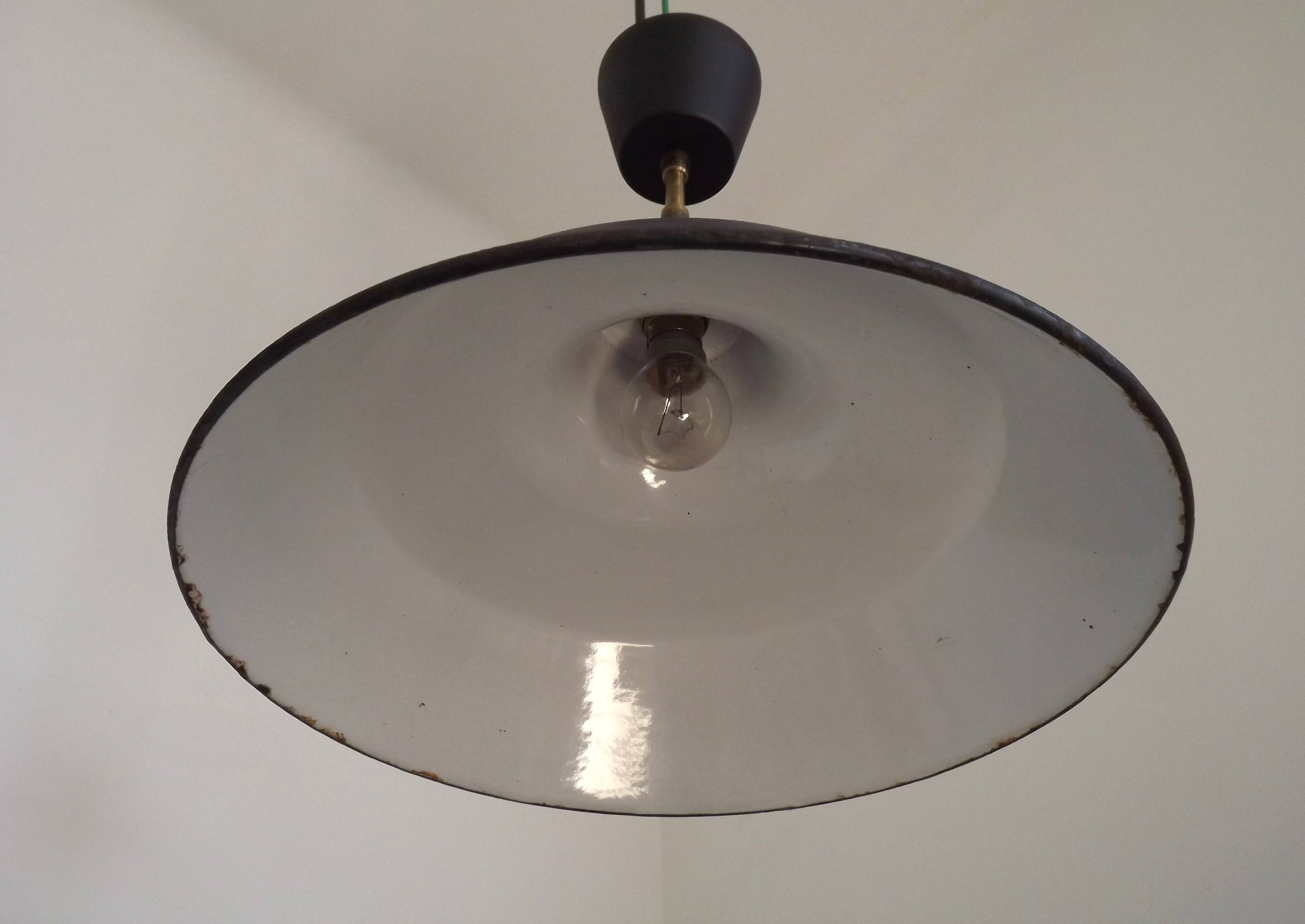 French Vintage 1950s Industrial Light In Black Metal White Enamal & Brass