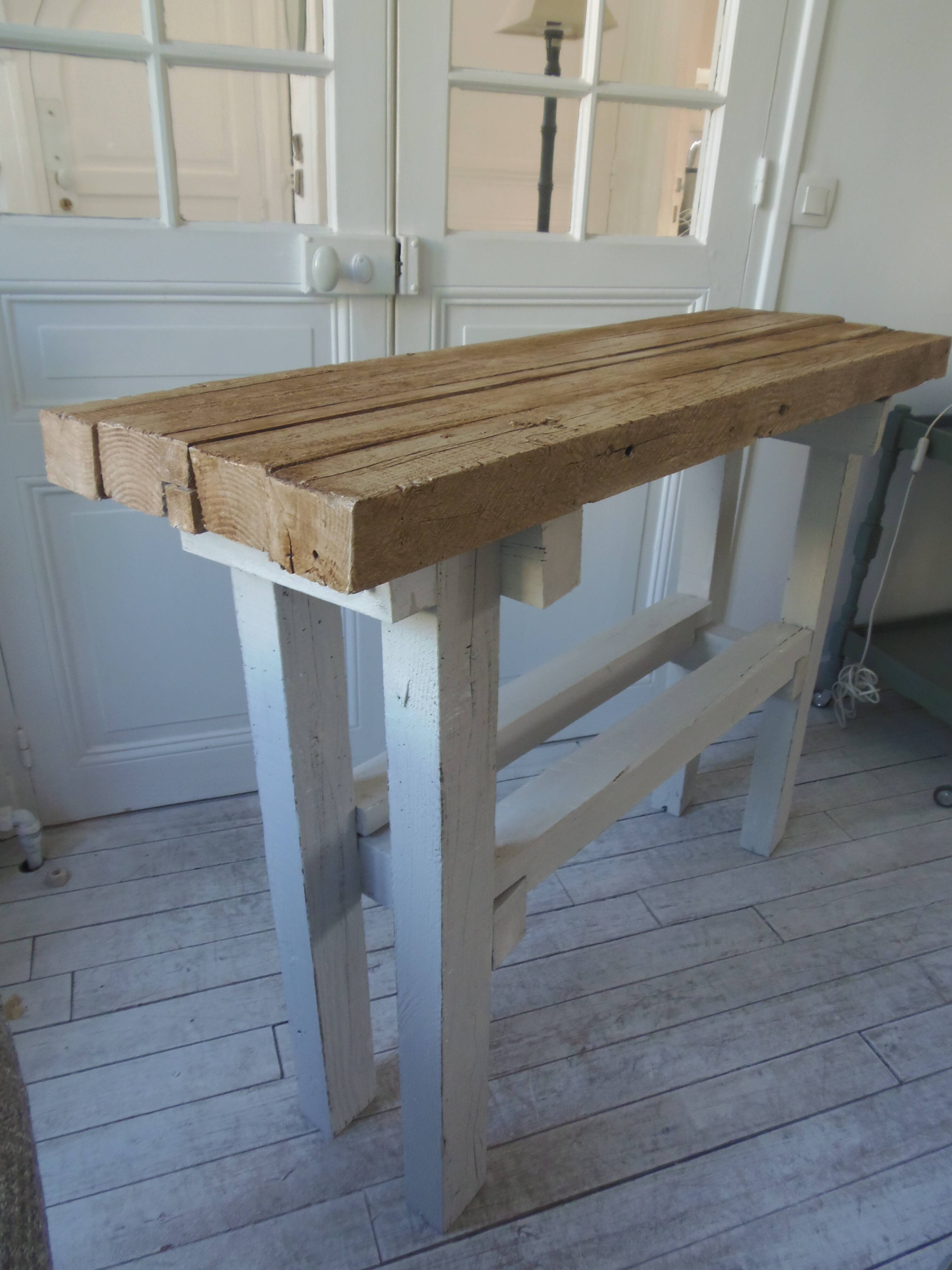 Vintage workbench with pearl gray patinated base and wooden top