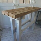 Vintage workbench with pearl gray patinated base and wooden top