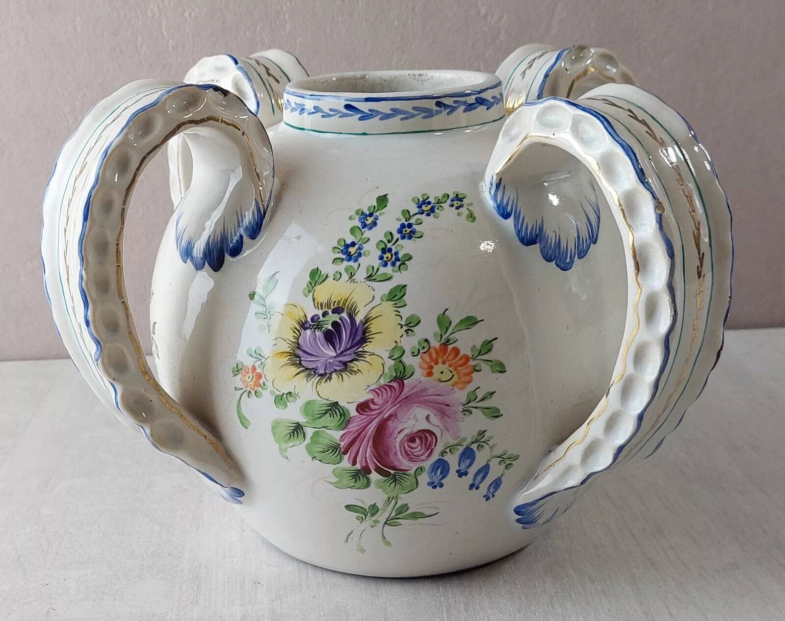 Old vase decorated with flowers, in ceramic, Roger Colas, from Clamecy