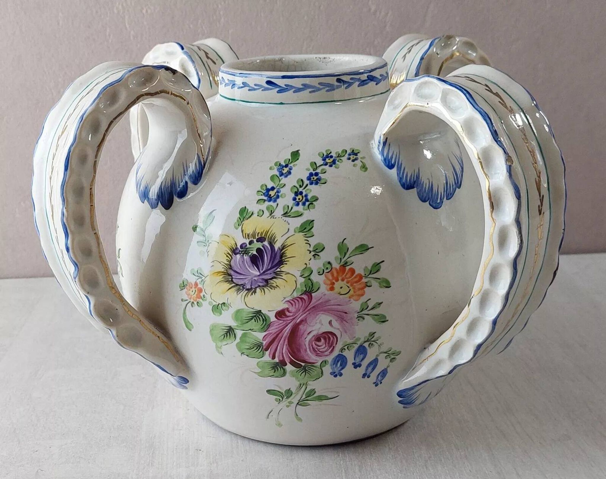 Old vase decorated with flowers, in ceramic, Roger Colas, from Clamecy
