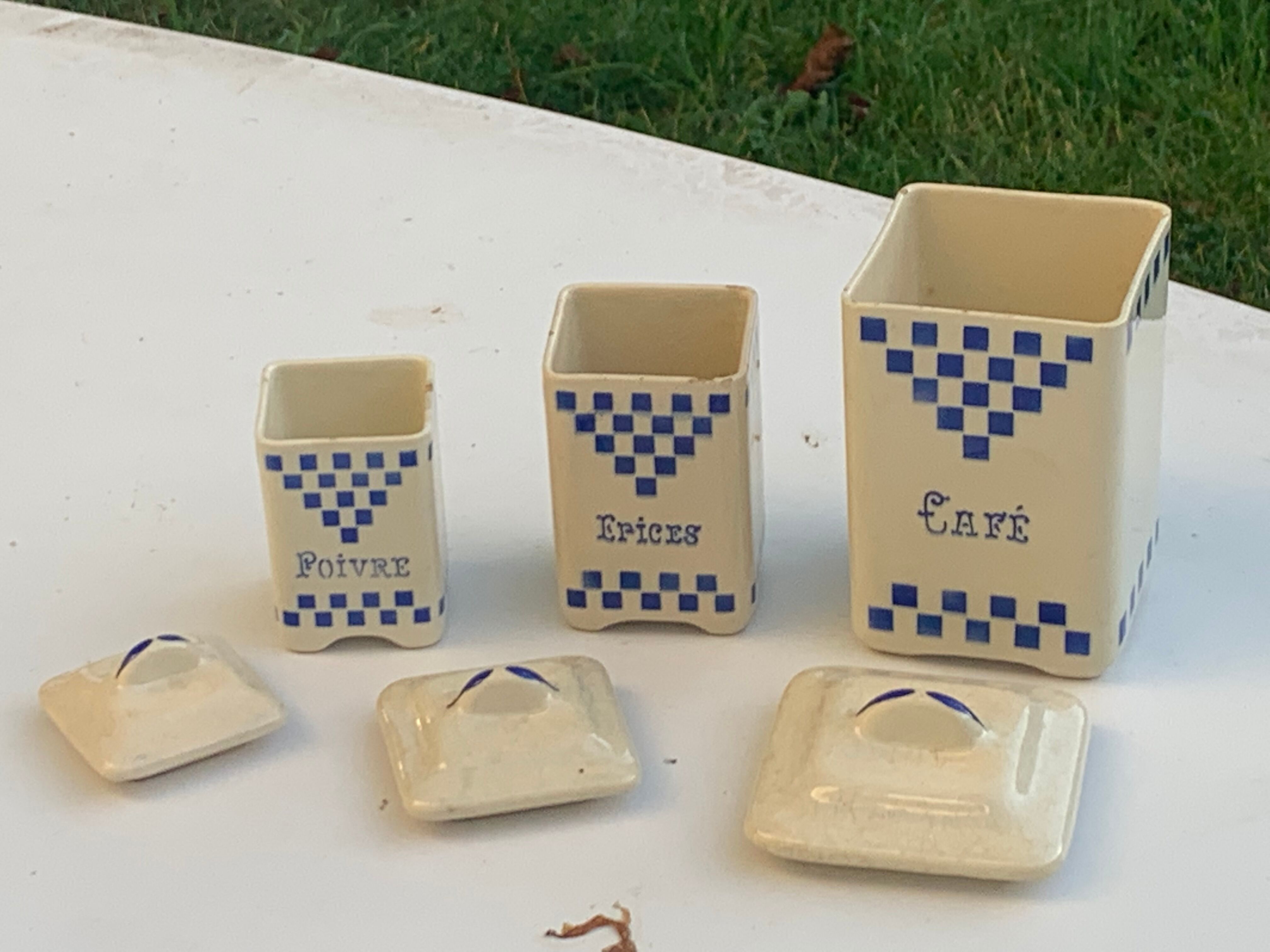Set of 3 earthenware spice pots geometric pattern art deco period