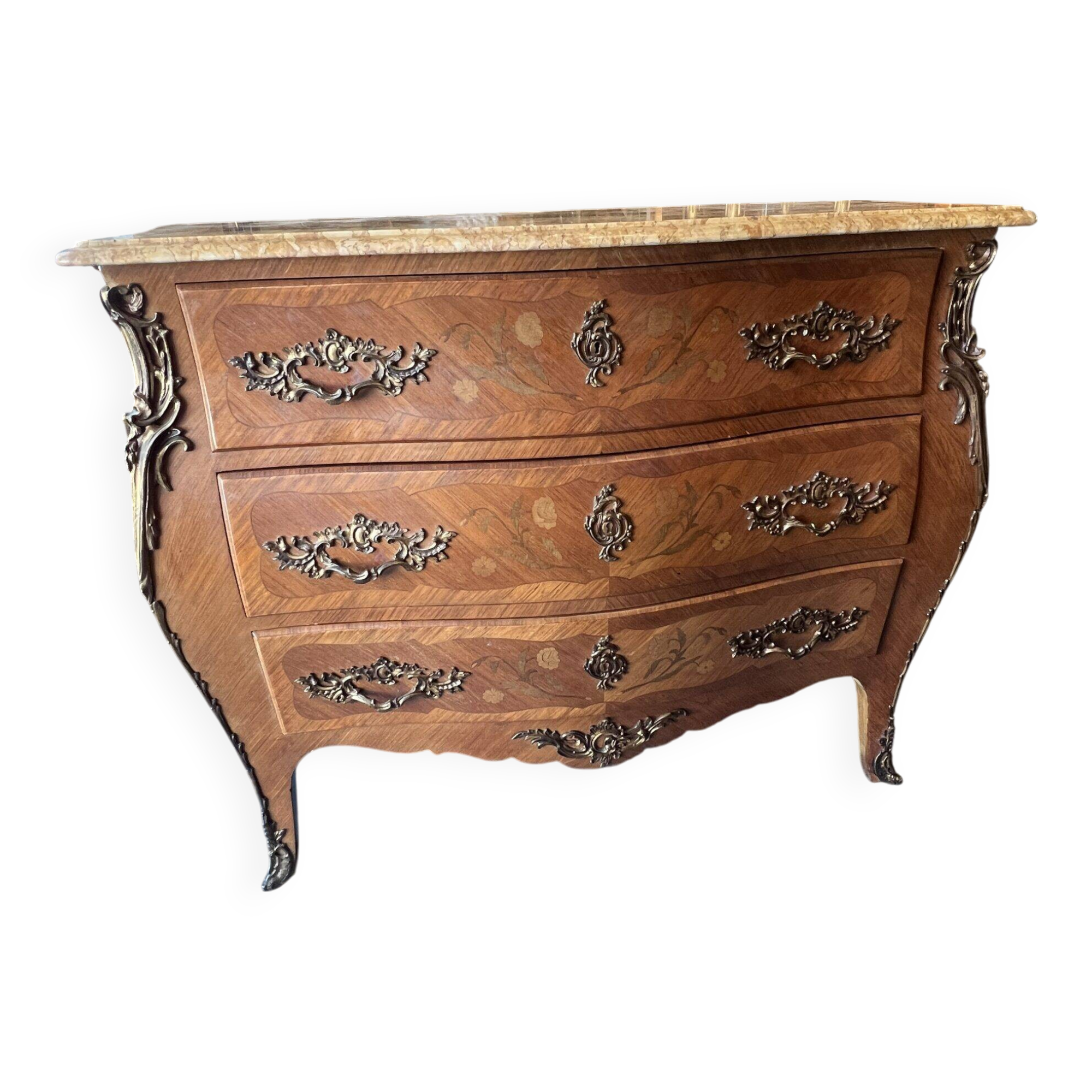 Louis XV style curved chest of drawers in veneer and marquetry, early 20th century