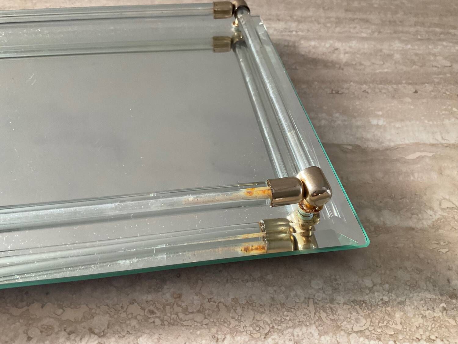 Vintage tray in glass, brass and beveled mirror 70s