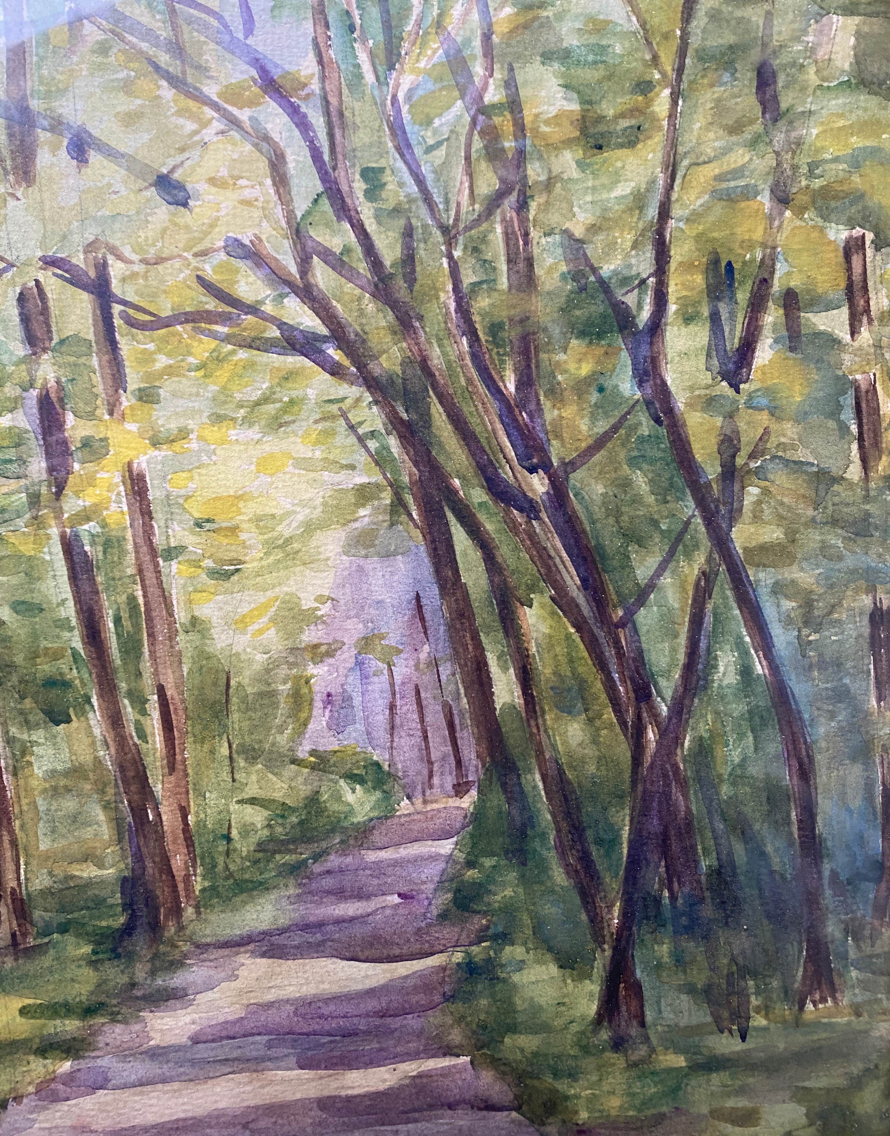 Watercolor painting "Path in the woods" signed + frame early twentieth century