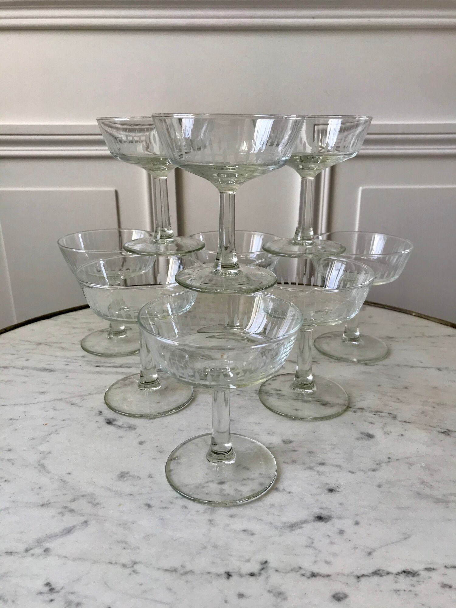 Lot de 10 coupes à champagne en verre cristallin années 50-60