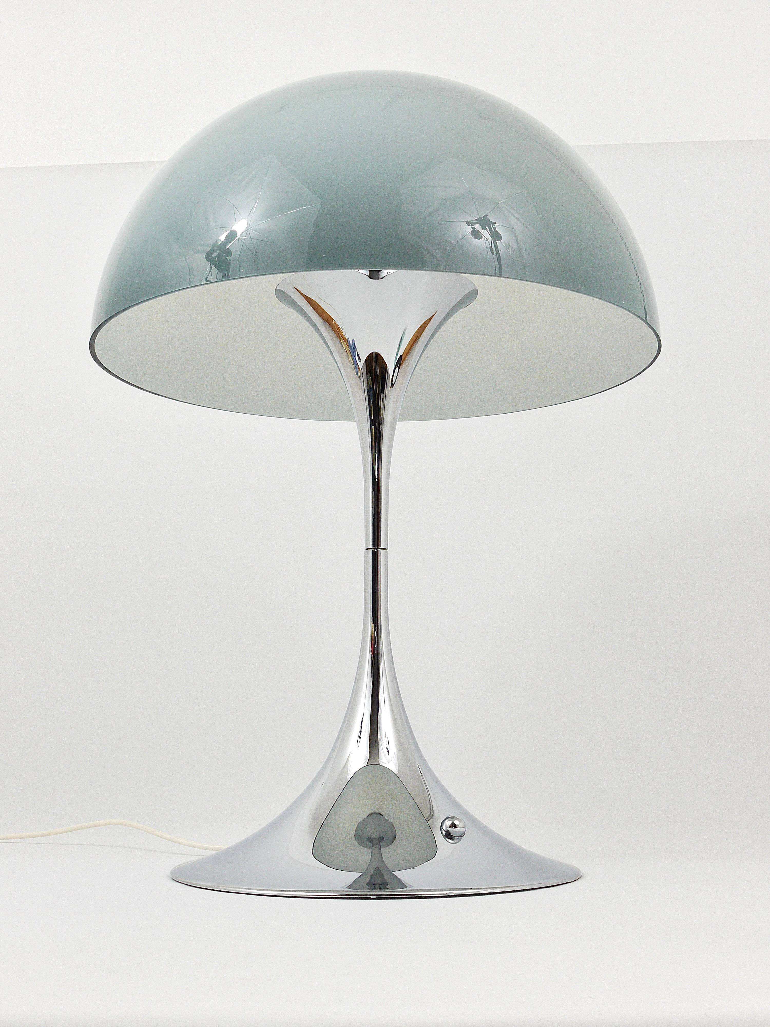 Rare Panthella table lamp by Verner Panton with a chrome base and grey shade.
