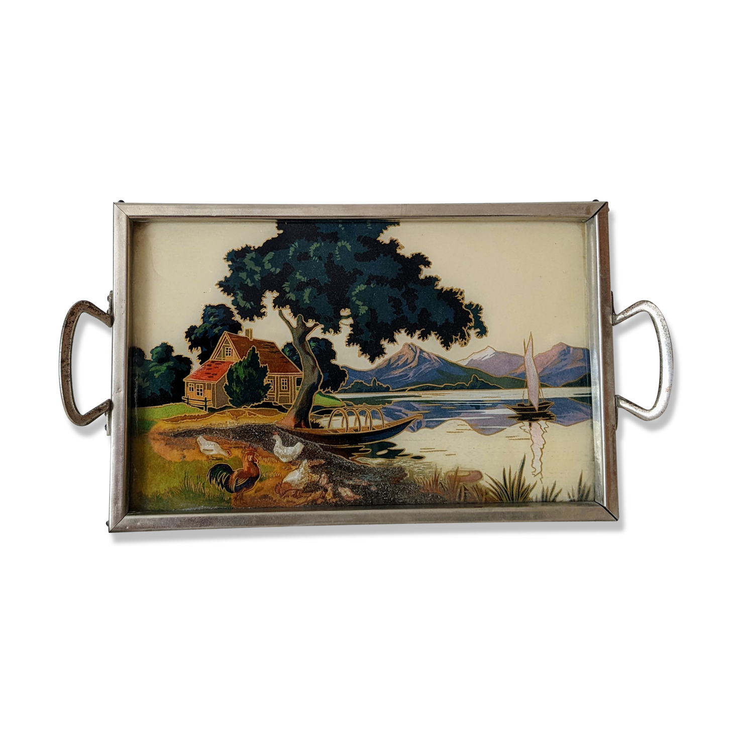 Plateau ancien vintage verre et métal