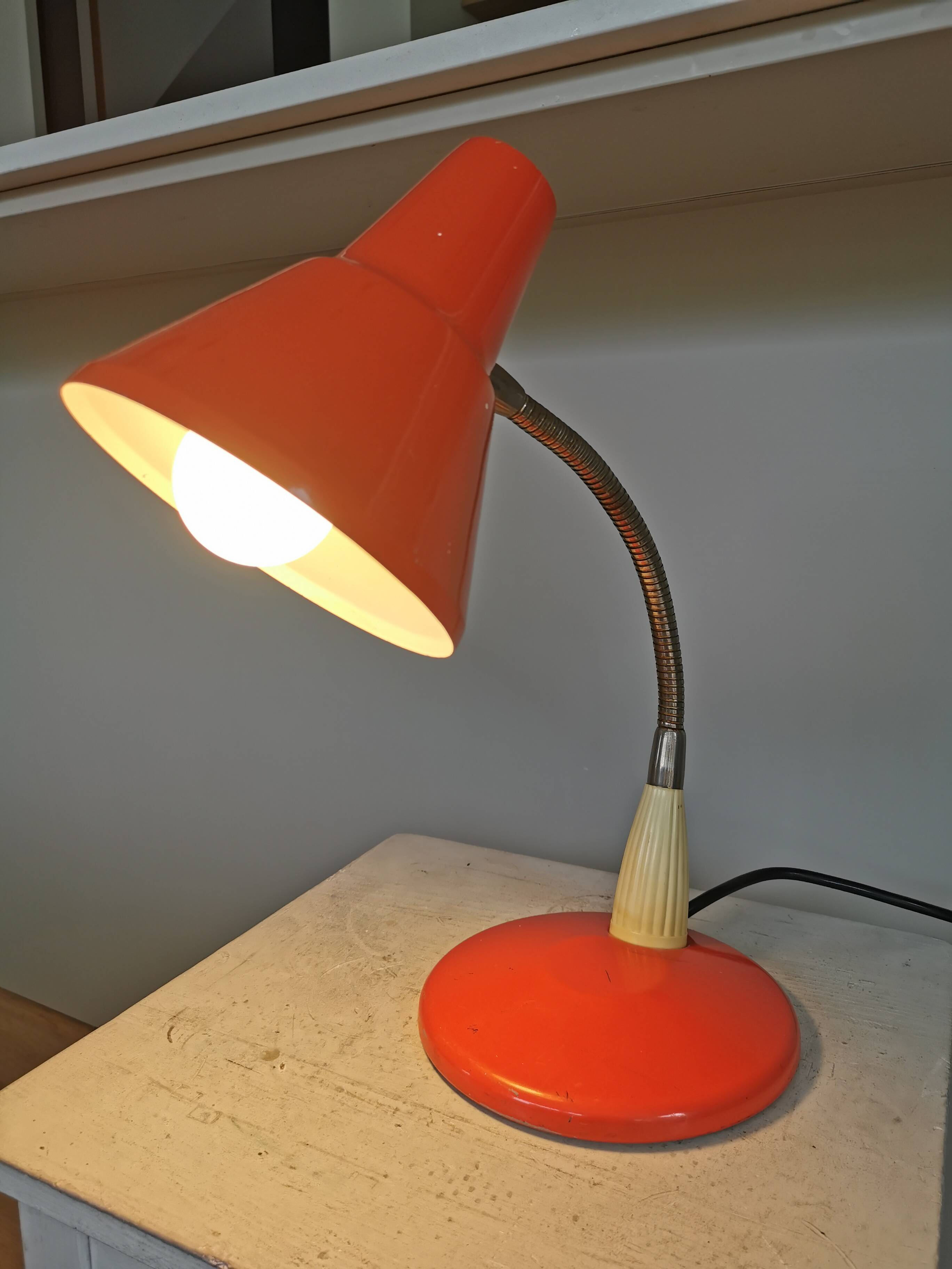 Vintage Orange Gooseneck Desk Lamp: 1970s Industrial Table Light