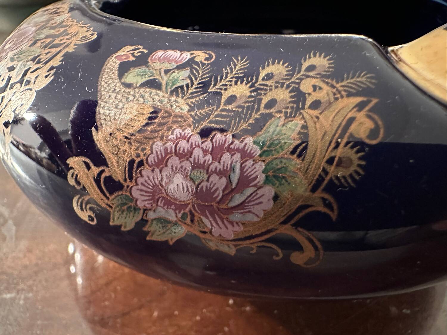 Cobalt Blue Enameled Ashtray, Golden Peacock and Floral Decor - Vintage Italy