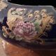 Cobalt Blue Enameled Ashtray, Golden Peacock and Floral Decor - Vintage Italy