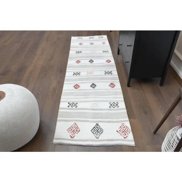 Vintage Turkish Hand-Knotted Wool Cotton White Runner Rug 70x242