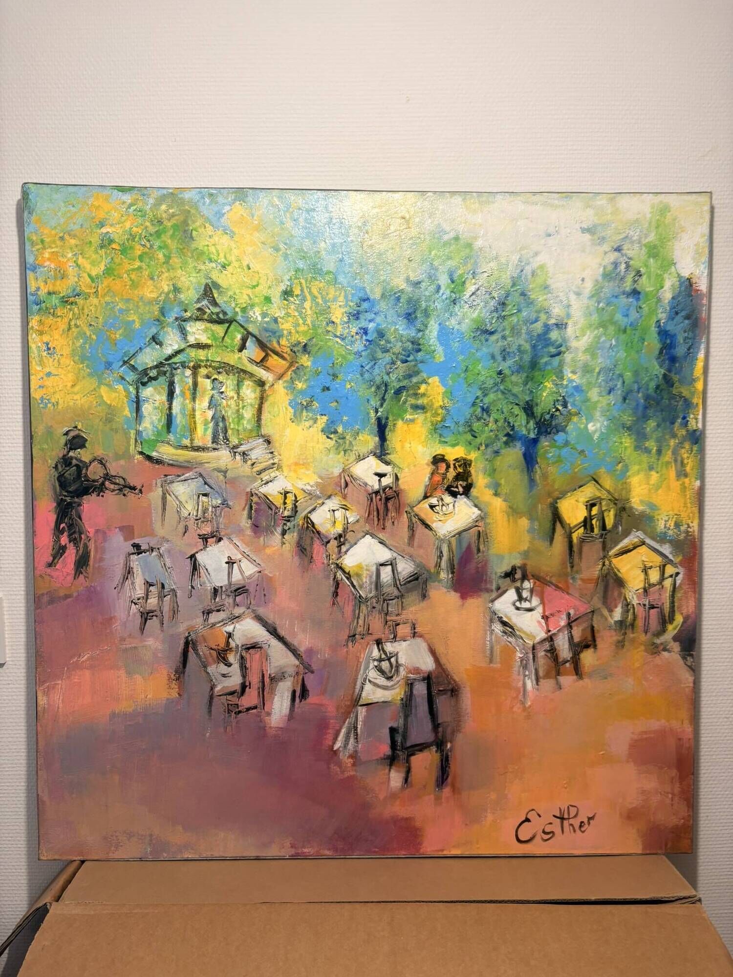 Oil Painting Canvas Deloison Scene Life Kiosk Café Bar Music