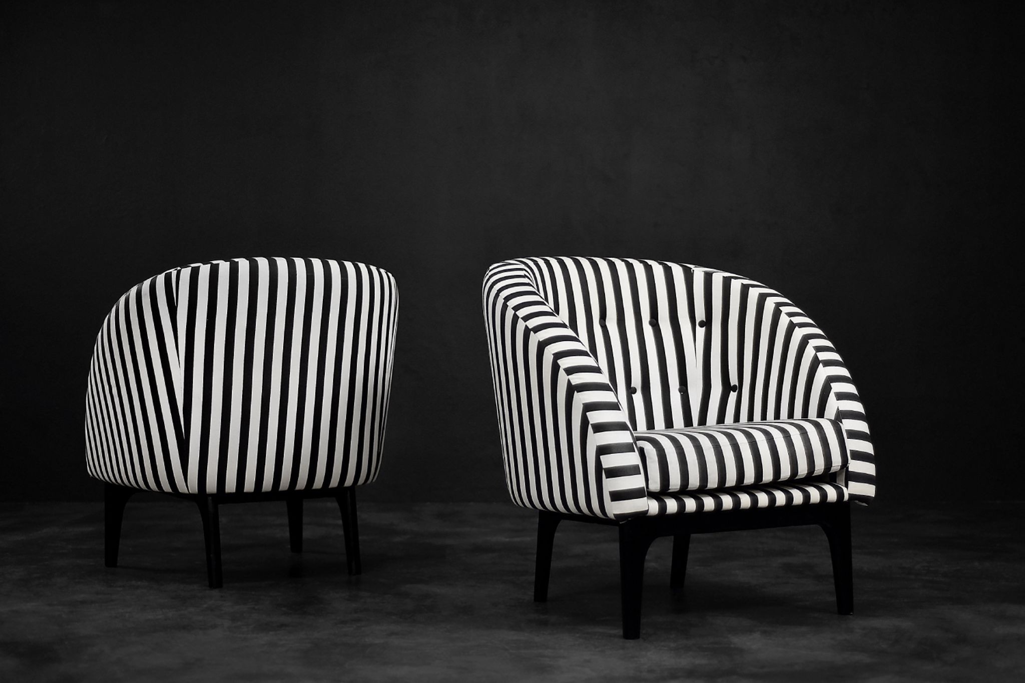 Mid-century modern Scandinavian rounded armchairs with black and white stripes, 1960s.