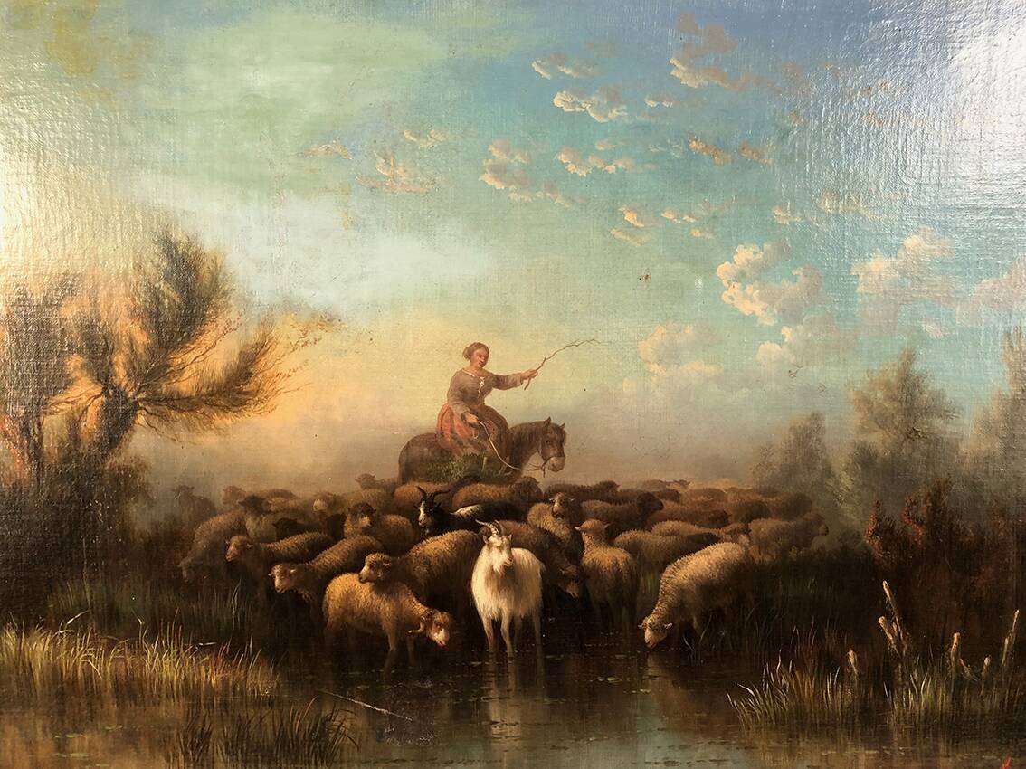 Prosper Ferey, large oil on canvas, “Shepherdess and her flock” mid-19th century