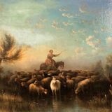 Prosper Ferey, large oil on canvas, “Shepherdess and her flock” mid-19th century