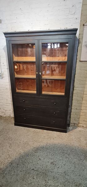 Former industrial library solid wood two glass doors and three drawers furniture trade