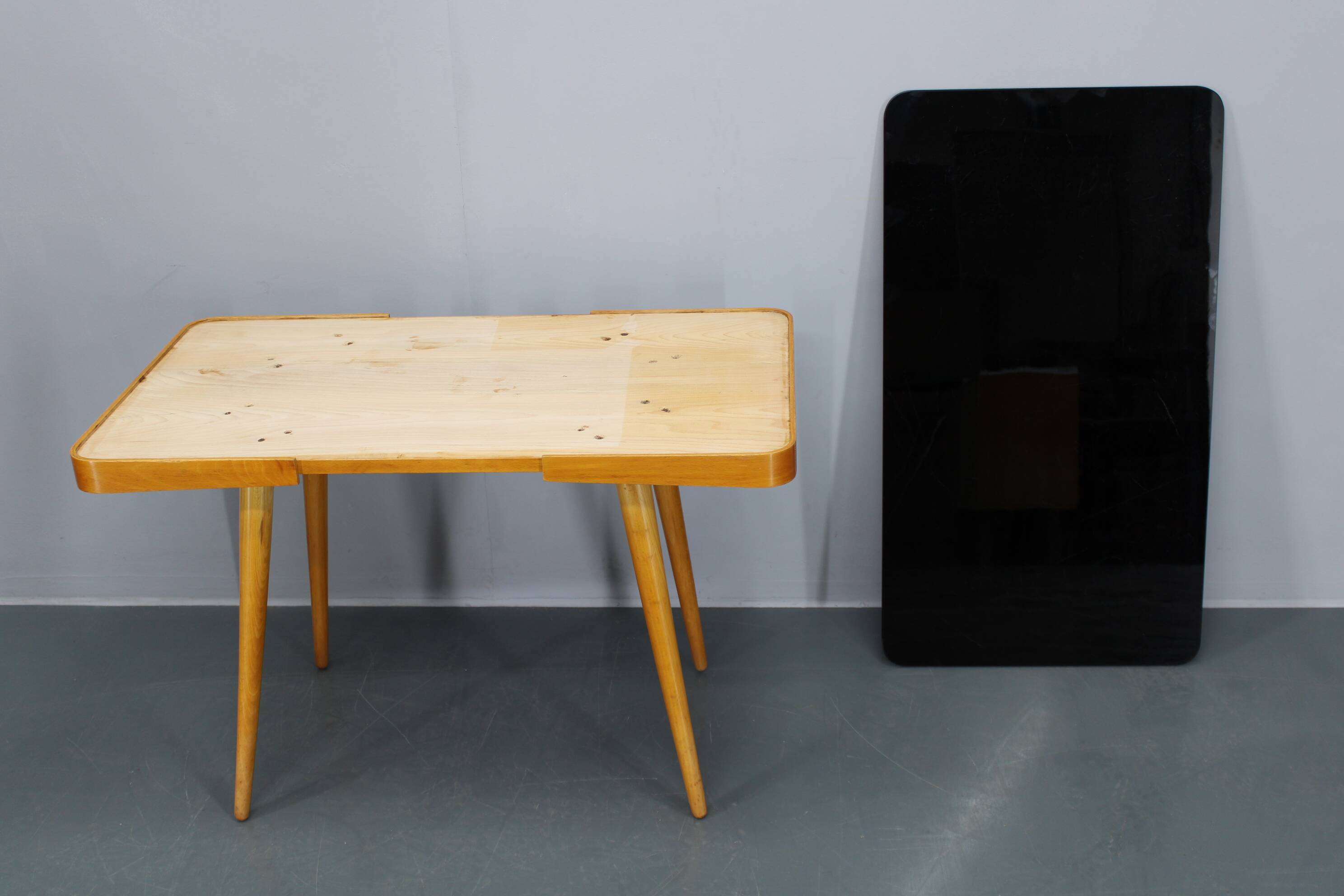 1960s Beech Coffee Table with Glass Top , Czechoslovakia
