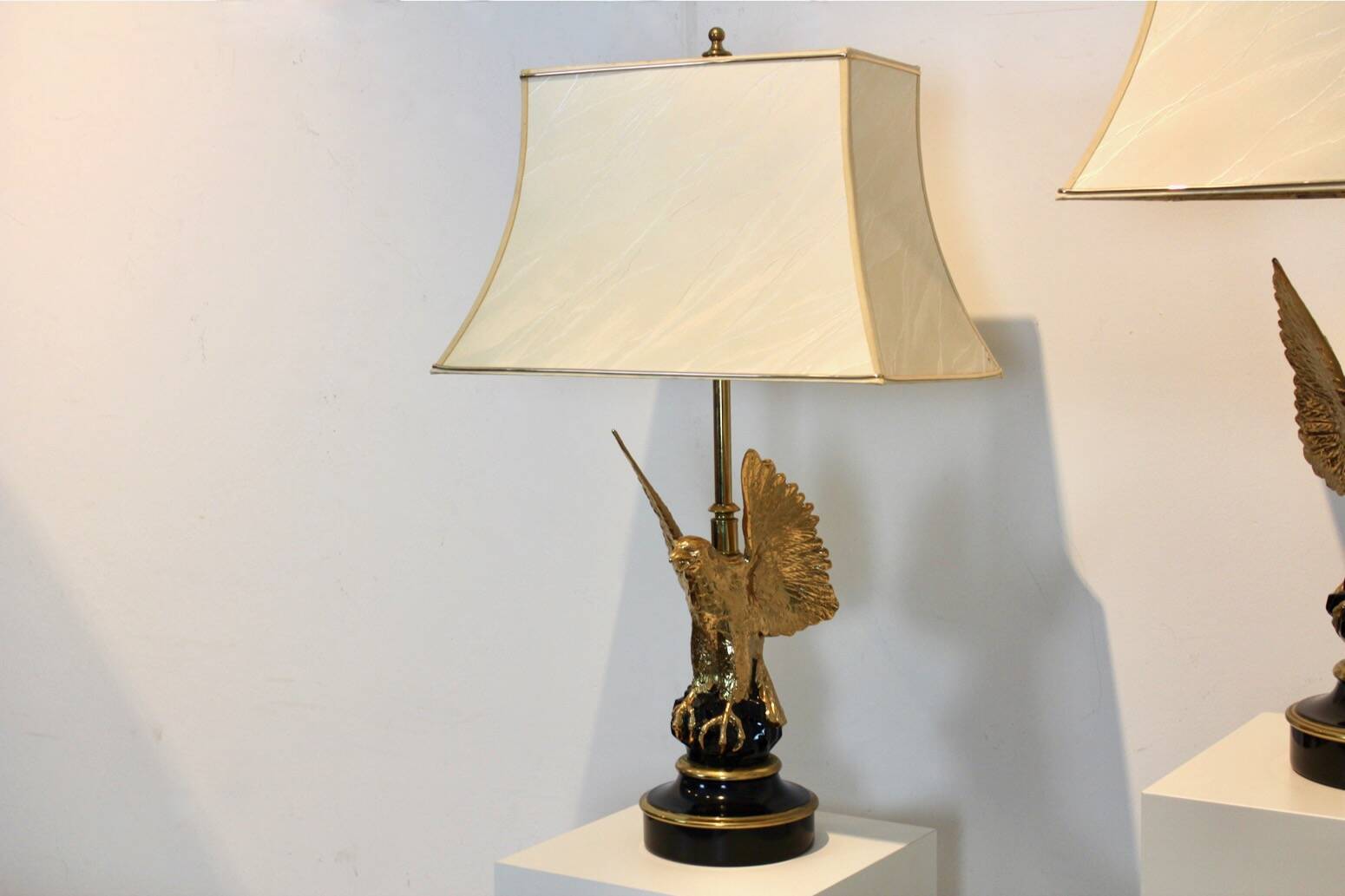 Pair of large Belgian brass carved eagle table lamps